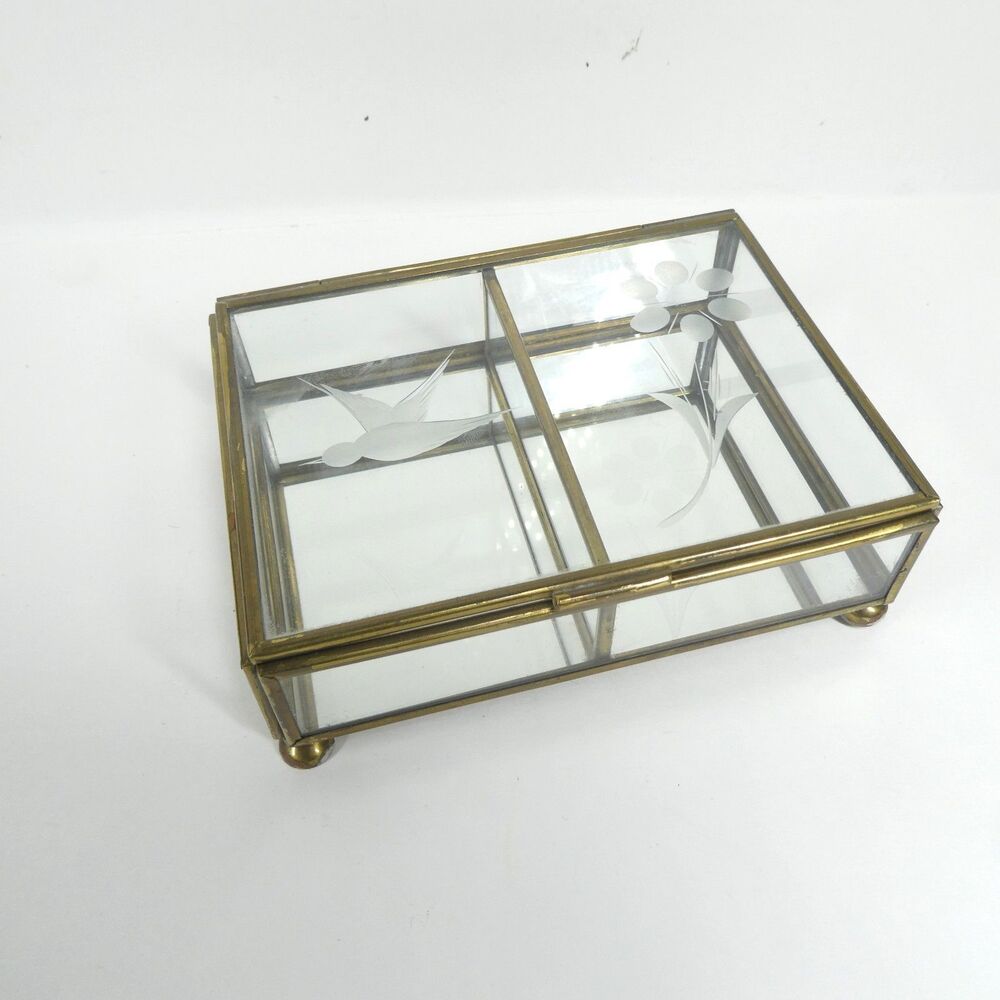Brass & Glass Trinket Box Etched Hinged Lid Vintage AS IS